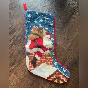VTG Needlepoint Wool Cotton Christmas Stocking Santa Chimney Red Velvet Back 17”